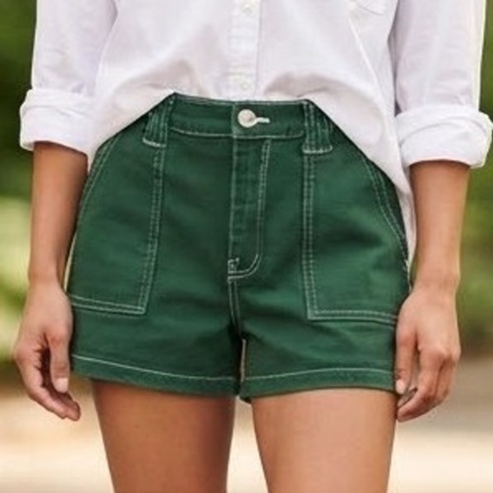 Green Carpenter Denim Shorts Contrast Stitch High Waist Utility Pockets S